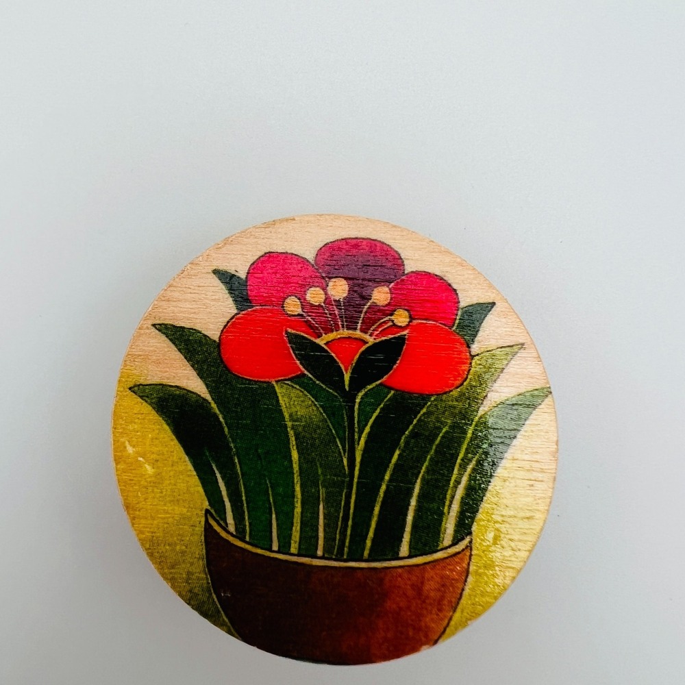 Vintage Sevi Wood Floral Brooch Hand Painted Round Multicolor Artisan Italy Pin